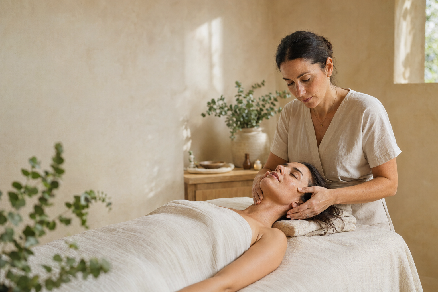 Trattamento manuale viso e collo in uno studio luminoso